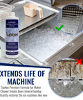 Ice Maker Cleaner And Descaler 16 Oz Nickel Safe Non Toxic Citric Acid Formula Compatible With Scotsman KitchenAid Affresh All Major Brands Made In USA Odorless And Powerful Breaks Down Mineral Buildup That Vinegar Cannot Touch. bottle shown with ice machine cleaning use