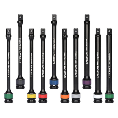 Half-Inch Drive 8 Inch Color-Coded Torque Extension Bar Set, 10-Piece, 65 To 150 Ft-Lbs, 90 To 200 Nm, Heavy-Duty Chrome Molybdenum Steel