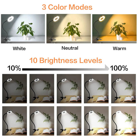 Clip On Desk Lamp With 48 LEDs, 3 Color Temperatures And 10 Dimmable Levels Per Mode, showing brightness options
