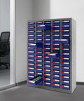 Heavy Duty Steel Parts Cabinet, 75 Drawer Bolt And Nut Sorter With Built In Dividers in grey and blue, neatly organized in an office.