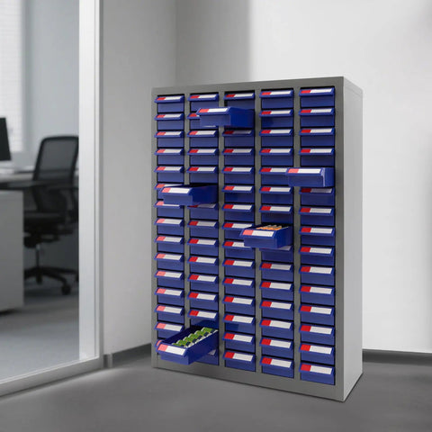 Heavy Duty Steel Parts Cabinet, 75 Drawer Bolt And Nut Sorter With Built In Dividers in grey and blue, neatly organized in an office.