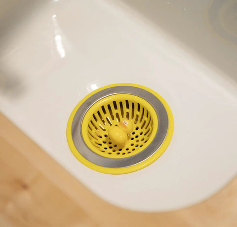 Quack Duck Kitchen Sink Strainer Basket Fits All Standard Sinks 4 And A Half Inch Stainless Steel Drain Cover With Bright Yellow Duck Design