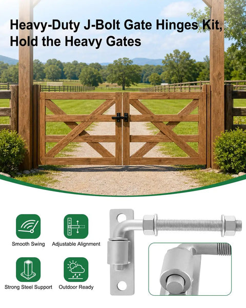 Four Pk Five Eighth Inch Heavy Duty J Bolt Gate Hinge Kit With Reinforced Mounting Plate for heavy gates, showcasing smooth swing and strong steel support.