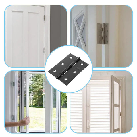 Two 3-inch stainless steel folding butt door hinges with 12 screws, black finish, shown on doors and windows.