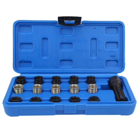 Premium Carbon Steel Thread Repair Kit For M14x1.25 And M16x1.25 Restores Damaged Bolts With Tough Tools Portable Design That Makes Fixing Stripped Threads No Big Deal For Your Garage Or Roadside Jobs. blue plastic case with thread inserts and tap tool
