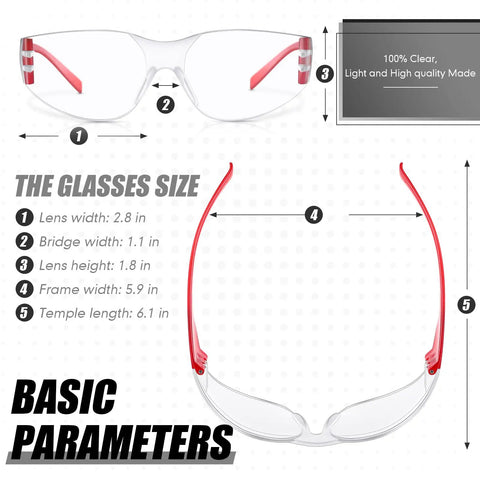 64 Pairs Clear Safety Glasses Set With Anti Fog Lenses, Scratch Resistant, Impact Resistant Eye Gear, size dimensions chart