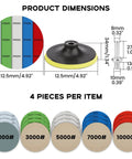 Water Grit Sandpaper Kit With 5 Inch Backing Pad, dimensions and grit details, 20 wet dry discs, 2000-10000 grit, 4 per set.
