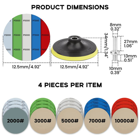 Water Grit Sandpaper Kit With 5 Inch Backing Pad, dimensions and grit details, 20 wet dry discs, 2000-10000 grit, 4 per set.