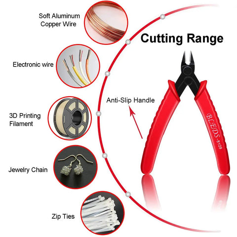 Pro Grade Flush Cutter Wire Cutters With Anti Slip Handles For Electronics Jewelry Making And 3D Printing, showing uses and range