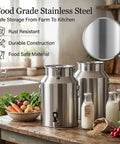 Heavy Duty 1.3 To 7.4 Gallon Stainless Steel Milk Jug With Secure Silicone Gasket Lid Food Grade Water Storage Pail For Home, Farm, Or Barn Use Built To Last on wooden table with fresh produce.