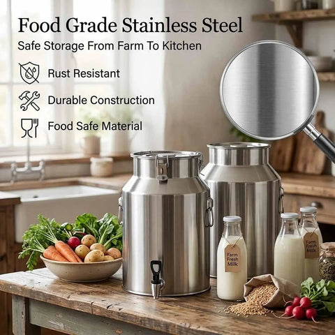Heavy Duty 1.3 To 7.4 Gallon Stainless Steel Milk Jug With Secure Silicone Gasket Lid Food Grade Water Storage Pail For Home, Farm, Or Barn Use Built To Last on wooden table with fresh produce.