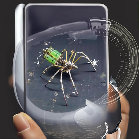 Metal DIY 3D Insect Puzzle Kit In Brass For Adults, Steampunk Mechanical Build on a black surface, Gatling Spider model highlighted.