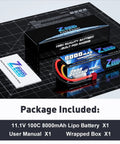 3S 11.1V 8000mAh RC LiPo Battery 100C with T Connector on display with packaging and user manual