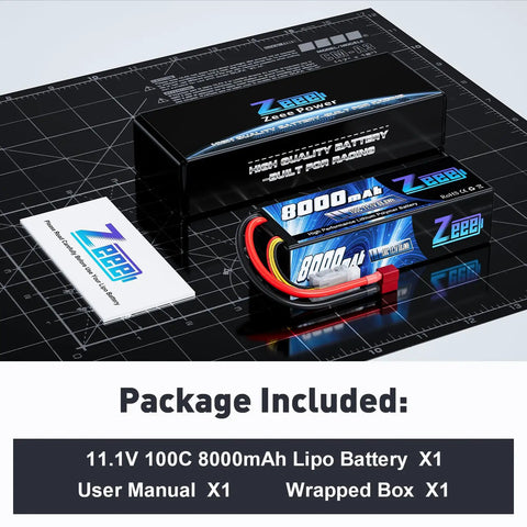 3S 11.1V 8000mAh RC LiPo Battery 100C with T Connector on display with packaging and user manual