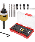 Carbide Tipped Countersink Drill Bit Set, 5 Pack With Low Friction Depth Stop and Quick Change One Quarter Inch Hex Shank For Wood, Plastic And Woodworking, Free Spinning Collar, Pro Grade Replaceable Blade And Bit in case with tools displayed.