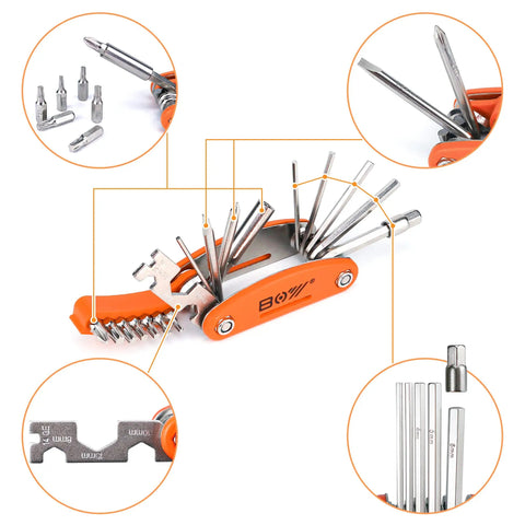All In One Bike Tool Kit For Cyclists, 20 In 1 Multitool With 10 In 1 Bone Wrench shown with detailed tool views