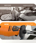 Image showing before and after use of Electric Chainsaw Sharpener Kit With Angle Guide And 4 File Size Wheel Bits for faster chain maintenance.