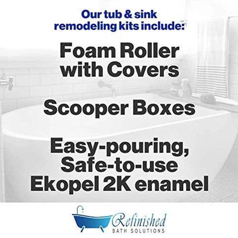 Image of Pour On Tub And Tile Reglazing Kit For Sinks And Tubs with tools. Includes foam roller, scoopers, Ekopel 2K enamel.
