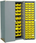 Heavy Duty Steel Storage Bin Cabinet Arrives Loaded With 156 Vibrant Yellow Plastic Bins For Garage Work Organization, grey finish.
