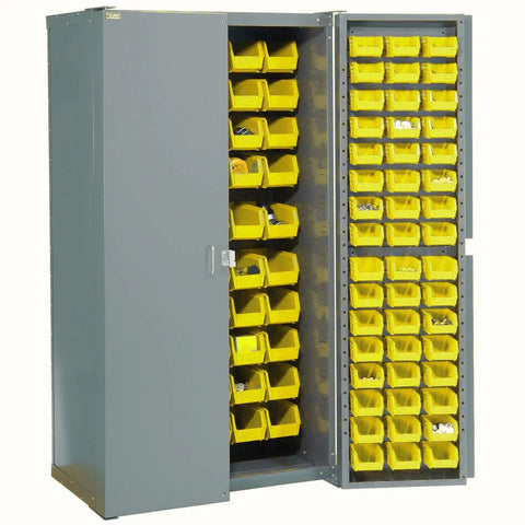 Heavy Duty Steel Storage Bin Cabinet Arrives Loaded With 156 Vibrant Yellow Plastic Bins For Garage Work Organization, grey finish.