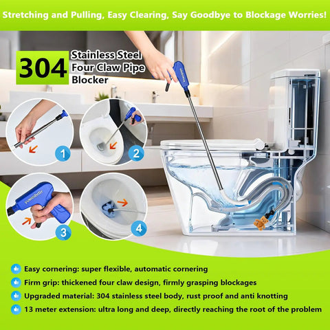 Toilet Auger Drain Cleaner With Flexible Gripper For Snagging Lost Items And Clearing Minor Clogs in use, showing clog removal process.