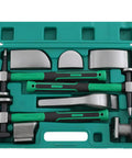 9 Piece Auto Body Hammer And Dolly Kit For DIY Dent Repair With Heavy Duty Paintless Tools in green case, includes hammers and dollies