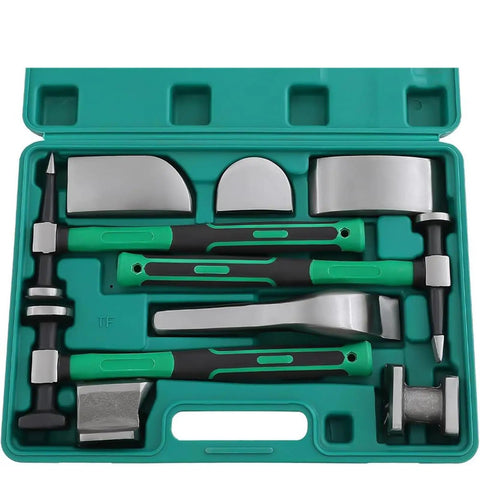 9 Piece Auto Body Hammer And Dolly Kit For DIY Dent Repair With Heavy Duty Paintless Tools in green case, includes hammers and dollies
