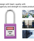 5 Pack 38mm Industrial Safety Padlocks Lockout Tagout Kit With 10 Keys And Writable Labels NonConductive For Machine Building Electrical Maintenance Built Tough As Nails And Resists Impacts Standing Strong Through Freezing Or Scorching Temps. purple safety padlock with DANGER lockout tag for machine isolation