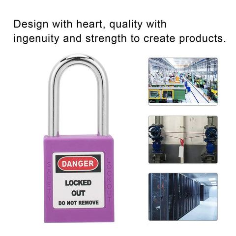 5 Pack 38mm Industrial Safety Padlocks Lockout Tagout Kit With 10 Keys And Writable Labels NonConductive For Machine Building Electrical Maintenance Built Tough As Nails And Resists Impacts Standing Strong Through Freezing Or Scorching Temps. purple safety padlock with DANGER lockout tag for machine isolation