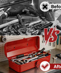 Red Small Metal Tool Box 15 Inch Portable Mini Tool Box With Hip Roof Style Heavy Duty Steel Construction And Corrosion Resistant Powder Coat Finish For Home Garage And On The Go Repairs open with tools inside
