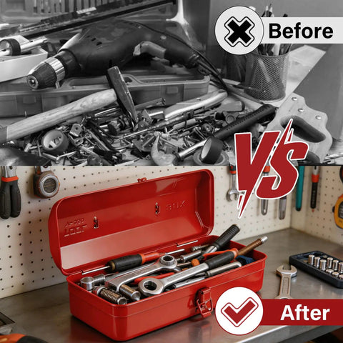 Red Small Metal Tool Box 15 Inch Portable Mini Tool Box With Hip Roof Style Heavy Duty Steel Construction And Corrosion Resistant Powder Coat Finish For Home Garage And On The Go Repairs open with tools inside