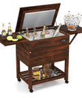 Wooden Patio Cooler Cart With 54 Quart Capacity Rolling Beverage Bar On Wheels With Bottle Opener Drain Plug And Locking Wheels filled with drinks and ice.