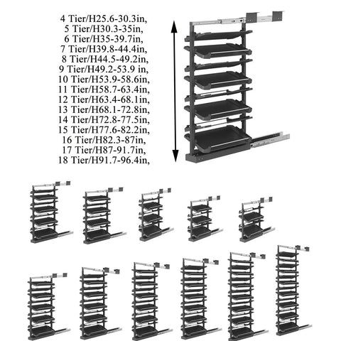 Slick Vertical Pull Out Shoe Rack Heavy Duty Metal Kickers Organizer with tiered height options for shoe storage.