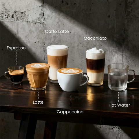 Total Game Changer Automatic Espresso Machine With Built In Grinder 20 Bar Coffee Maker Milk Frother Steam Wand Auto Self Cleaning Barista Style Cappuccino Brew Setup For Home displaying various coffee drinks on dark wood table.
