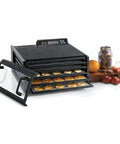 No Sweat Premium Electric Food Dehydrator With Clear Viewing Door And Five Stackable Trays Features Digital Timer Plus Adjustable Thermostat, showing drying racks with snacks.