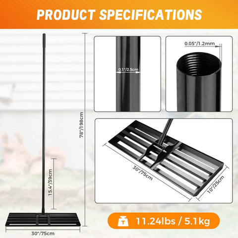 Heavy Duty Landscape Rake With 30 By 10 Inch Head And 78 Inch Detachable Stainless Steel Handle For Lawn Leveling And Yard Cleanup On Backyard Garden Golf Course Farm Pasture, showing product specifications with dimensions and weight.