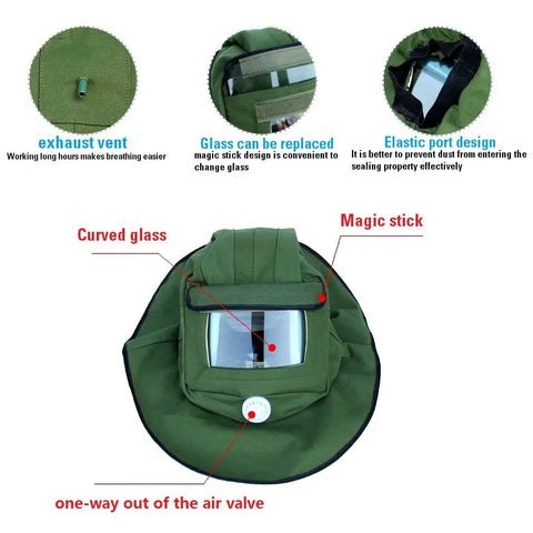 Sand Blasting Hood Cap With Canvas Shawl Protective Gear Mask Anti Dust Hood For Spraying Sanding Cutting And DIY Painting Woodworking Protection Wide Vision Curved Glass With Breathable Vent showing curved glass and exhaust vent.