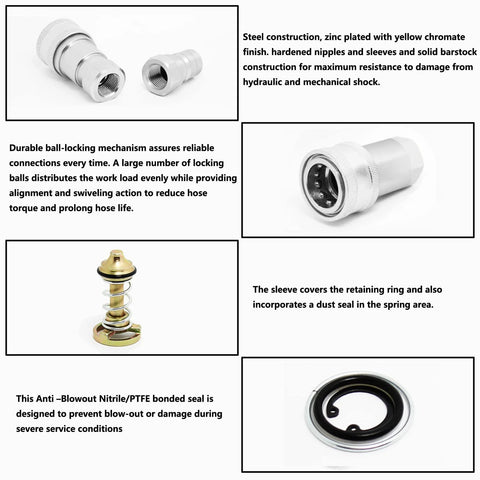 Front view hydraulic quick-disconnect coupling, 3/8 in NPT, zinc-plated steel, male and female fittings for tractors.