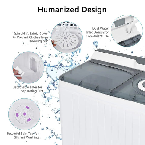 Straight Up A Smooth Portable Washing Machine With Twin Tub Layout features a dual water inlet and detachable filter for easy use.