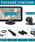 Packaging contents of 7 Inch Car Backseat Monitor With USB Plug And Play Setup 360 Degree Rotating Dual Camera, cables, manual.