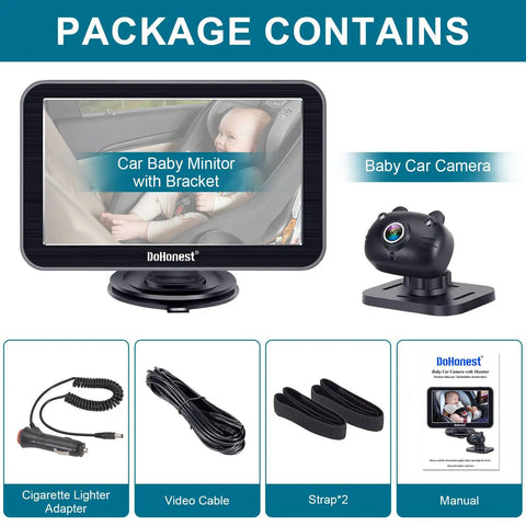 Packaging contents of 7 Inch Car Backseat Monitor With USB Plug And Play Setup 360 Degree Rotating Dual Camera, cables, manual.