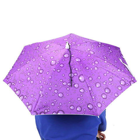 Raindrops Purple Umbrella Hat With Adjustable Fit For Outdoor Vibes, Sun Protection Cap on person, top view, 77cm coverage