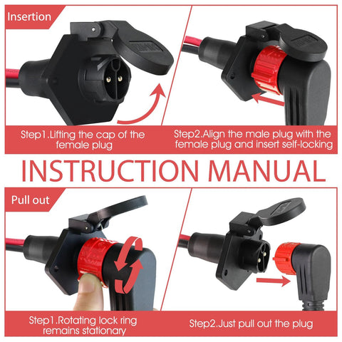 Trolling motor plug and receptacle, 8 GA 2-wire, waterproof with red twist-lock ring (instruction manual image)