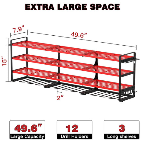 48 Inch Wall Mounted Power Tools Organizer Rack With Four Shelves Side Hooks And Drill Holders Heavy Duty Garage Workshop Storage For Up To 12 Tools Red