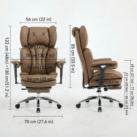 Big and Tall Executive Desk Chair With Footrest, 400Lb Heavy Duty High Back PU Leather, dimensions shown, front and side view