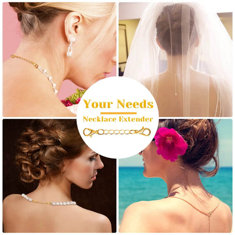 Go-To Gold Jewelry Extenders Set For Necklaces, Bracelets, And Anklets, 10 Pieces In Assorted Sizes, shown on various necklaces.