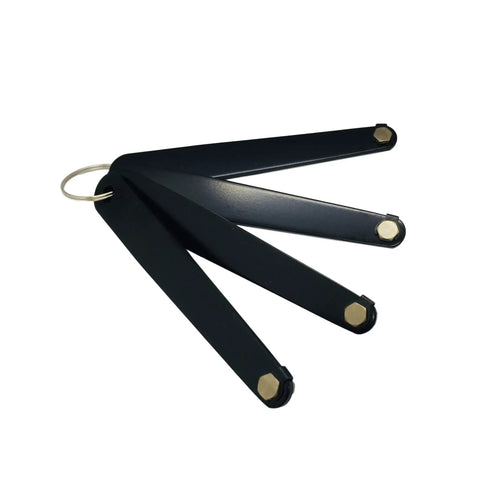 Ultra Low Profile Hex Drive Handle Four Piece Set includes hex heads on keyring, shown fanned out, black finish, for tight spaces.