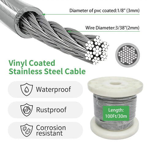 Vinyl Coated One Eighth Inch 304 Stainless Steel Wire Rope Kit With One Hundred Feet Of Seven By Seven Cable on spool, features labeled.