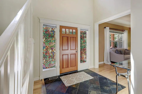 Entryway with Self-Adhesive Privacy Glass Window Film in Spring Chapel Tulia Pattern on side windows, 17 by 78 inch roll.
