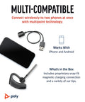 Single Ear Bluetooth Headset With Noise Canceling Microphone For Crisp Calls, USB charging cable, and phone compatibility shown